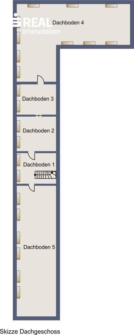 Grundriss des Dachgeschosses mit mehreren Dachbodenbereichen, ideal für zusätzlichen Stauraum.