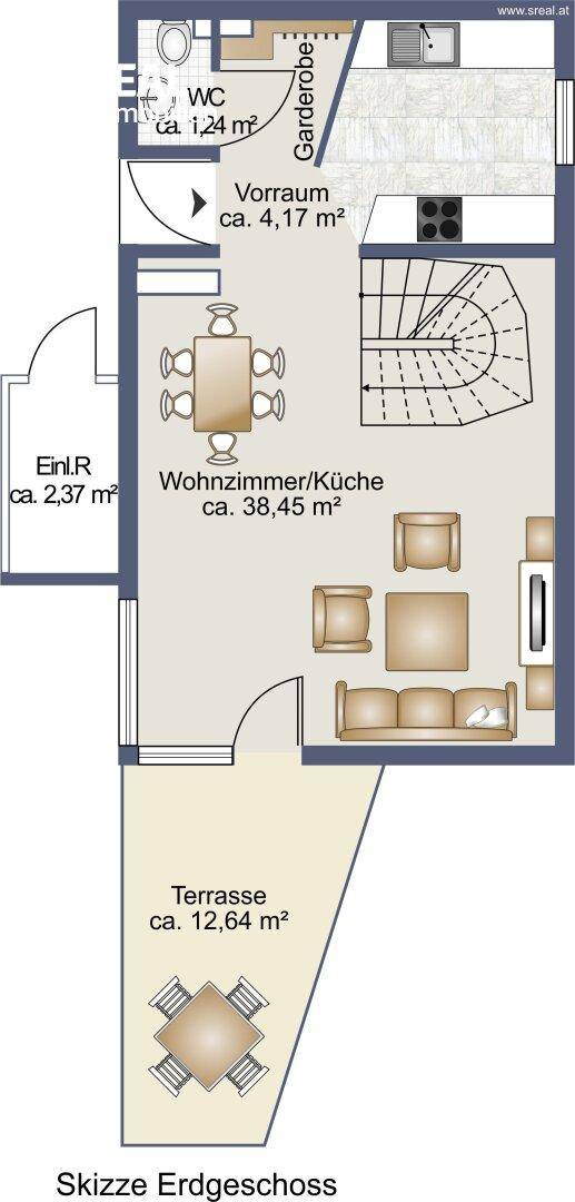 Skizze des Erdgeschosses zeigt einen offenen Wohnbereich mit Küche, Gäste-WC und Zugang zur Terrasse.