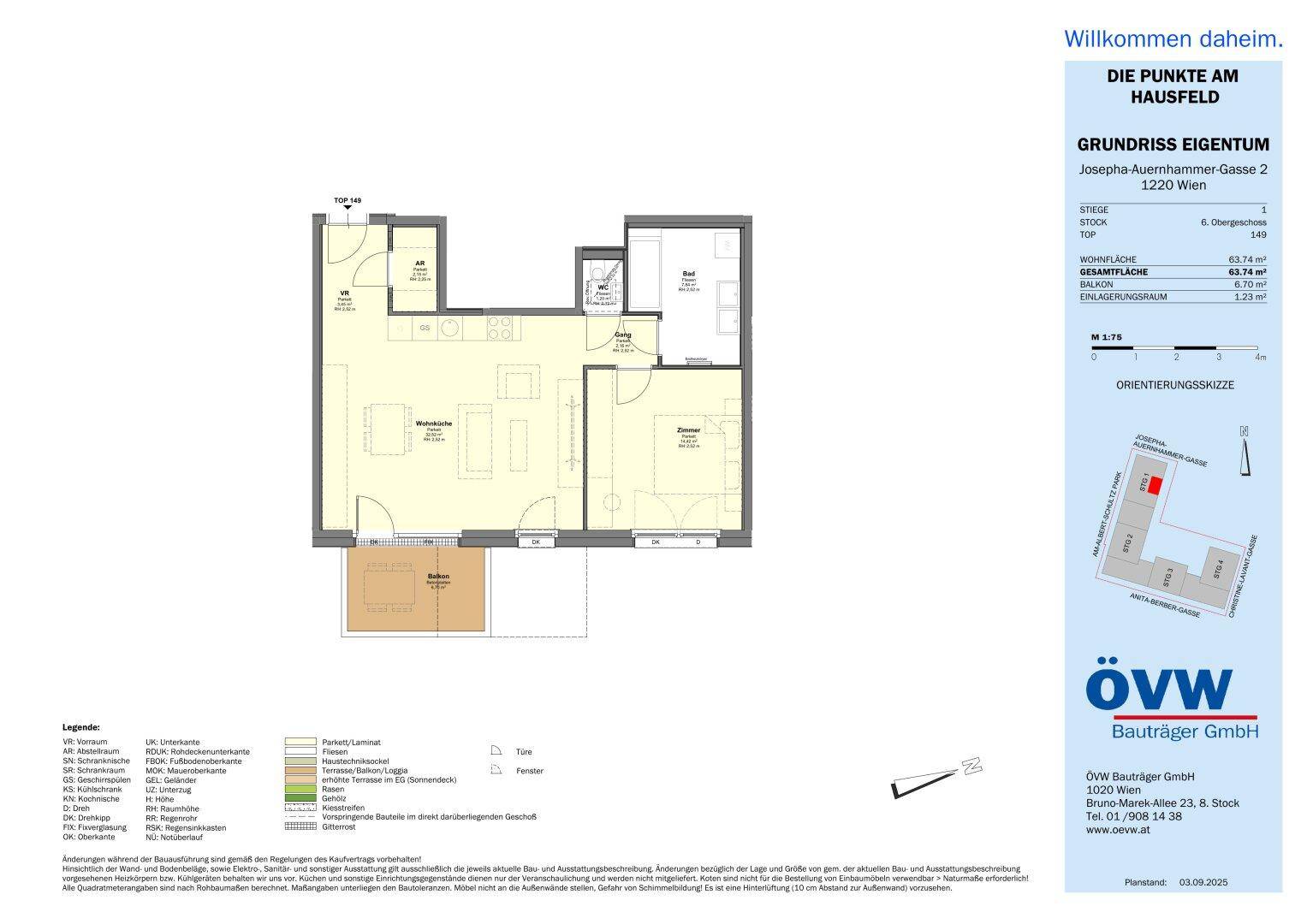 Grundriss einer Wohnung mit 63,74 m² Wohnfläche und Balkon.
