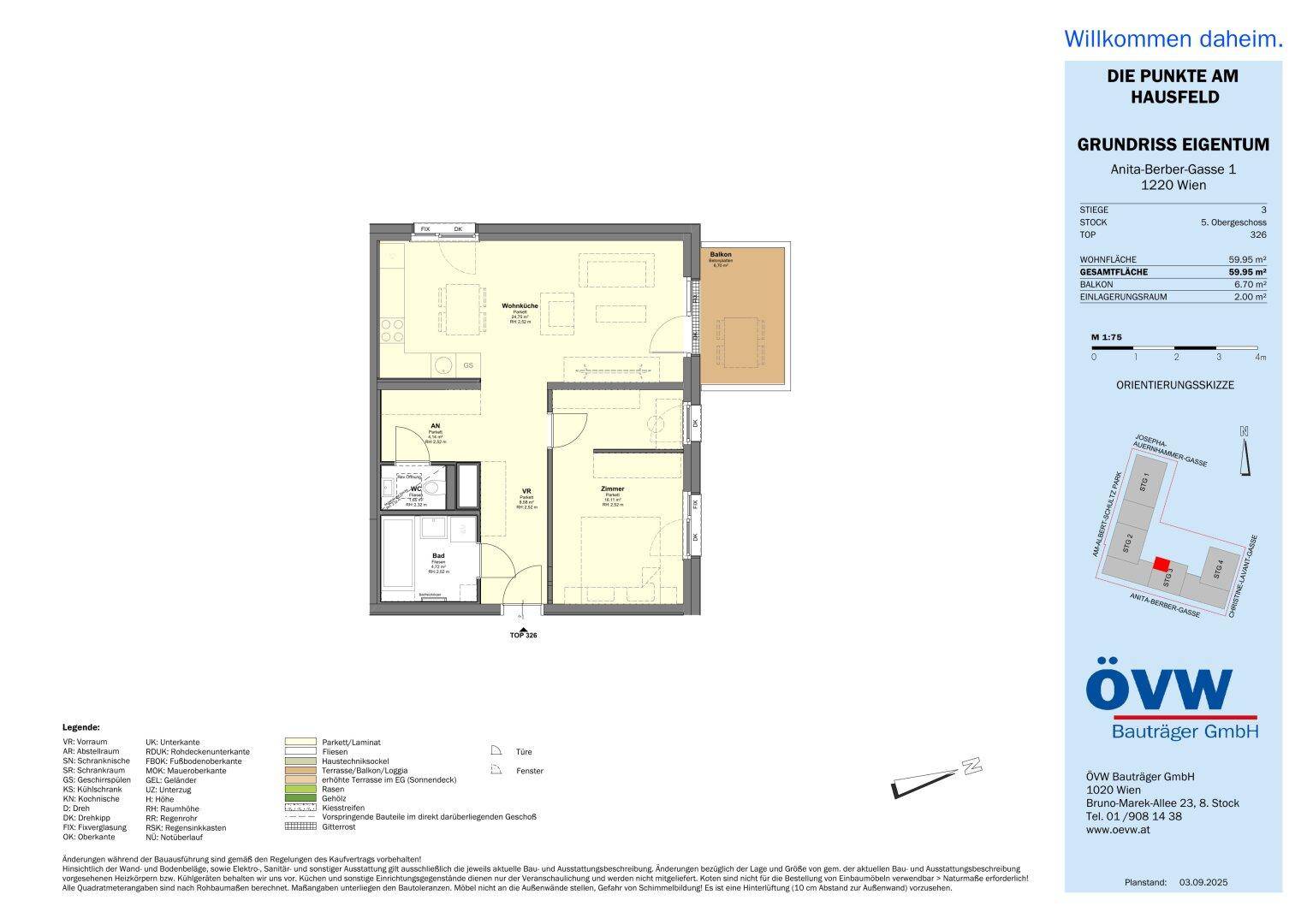 Grundriss einer Wohnung mit Wohnfläche von 59,99 m² und Balkon, gut aufgeteilt und funktional.