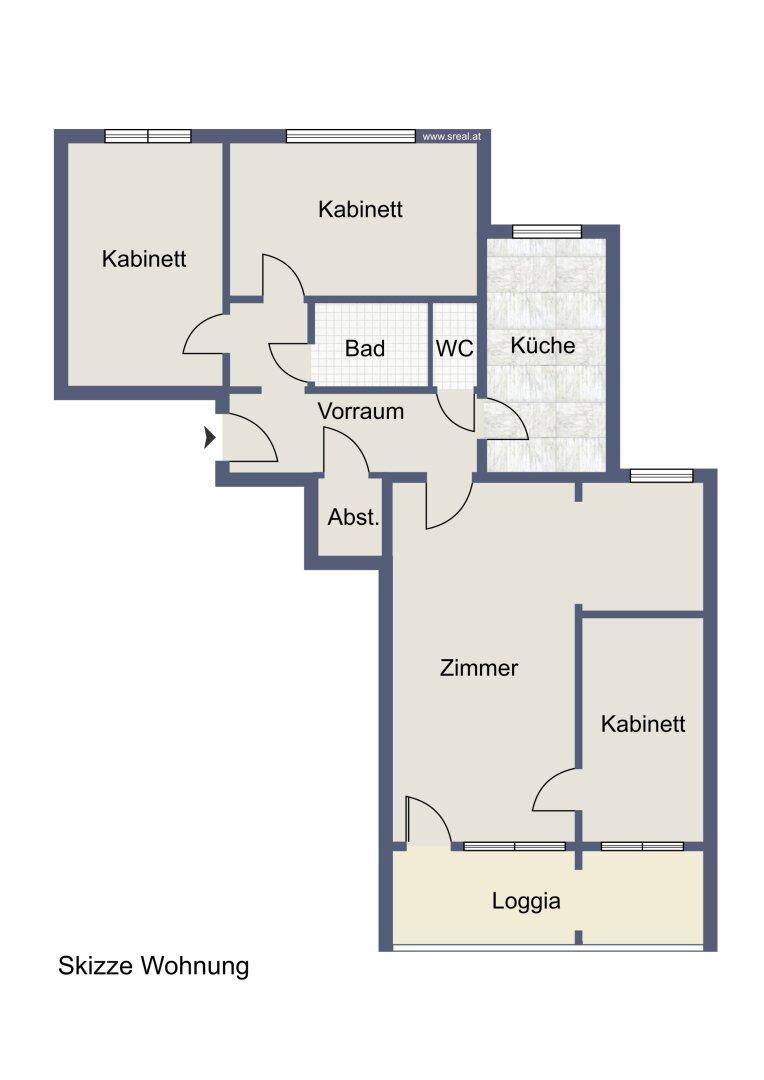 Detaillierter Grundriss einer Wohnung mit mehreren Zimmern, Bad, separatem WC, Küche und Loggia.