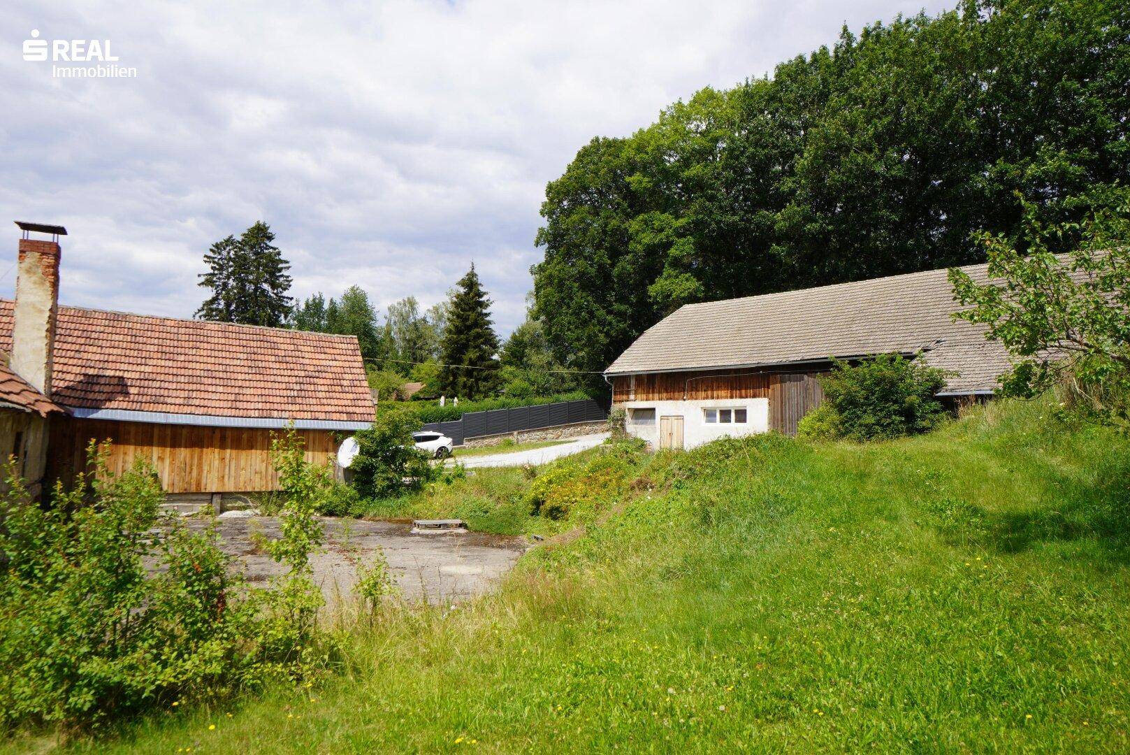 Weitläufige Grünfläche mit zwei ländlichen Gebäuden und Bäumen im Hintergrund unter blauem Himmel.