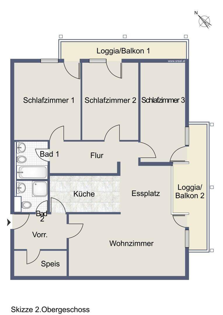Grundriss des Obergeschosses mit drei Schlafzimmern, zwei Bädern und zwei Balkonen.
