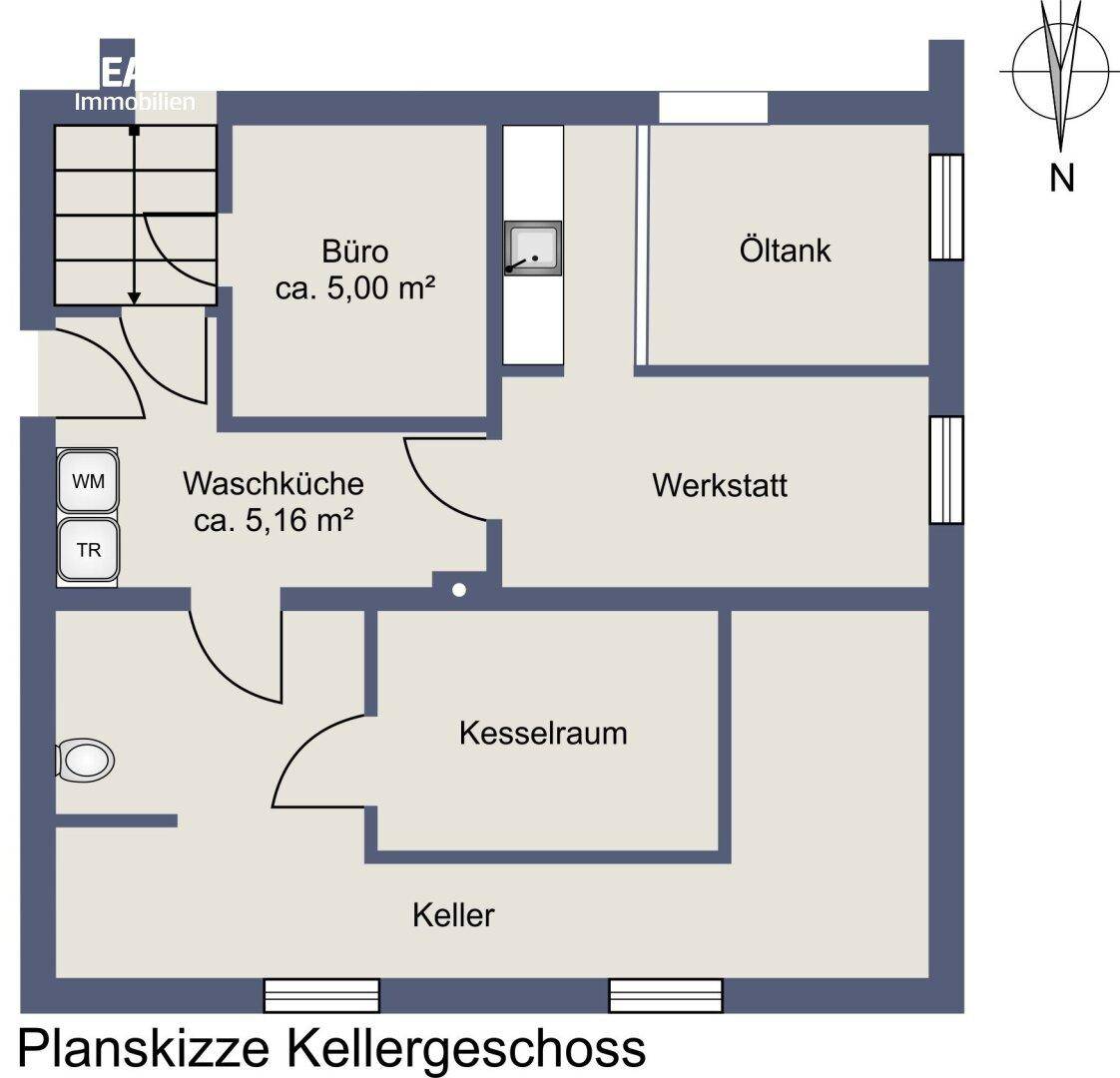 Grundriss des Kellergeschosses mit Büro, Waschküche, Werkstatt und Heizungsraum.