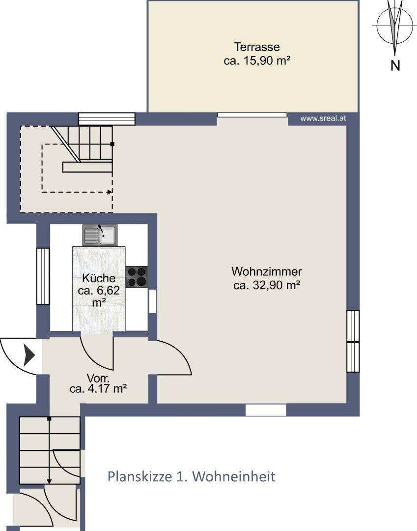 Grundriss der ersten Wohneinheit mit Küche, großem Wohnzimmer und Terrasse.