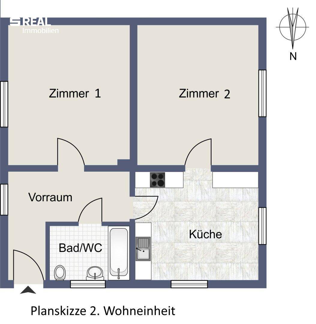 Grundriss der zweiten Wohneinheit mit zwei Zimmern, Bad und separater Küche.
