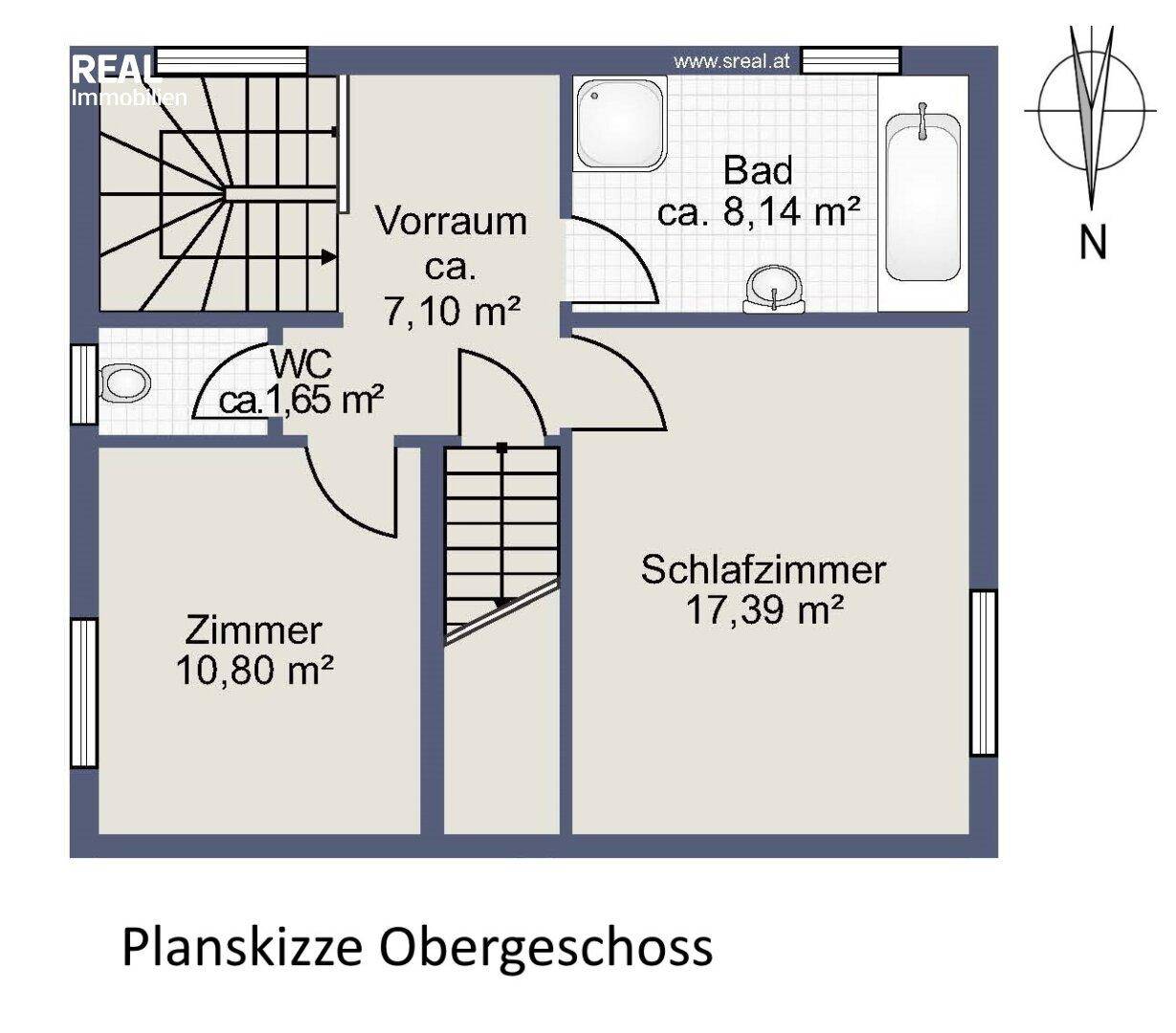Grundriss des Obergeschosses mit Schlafzimmer, Bad, WC und weiterem Zimmer.