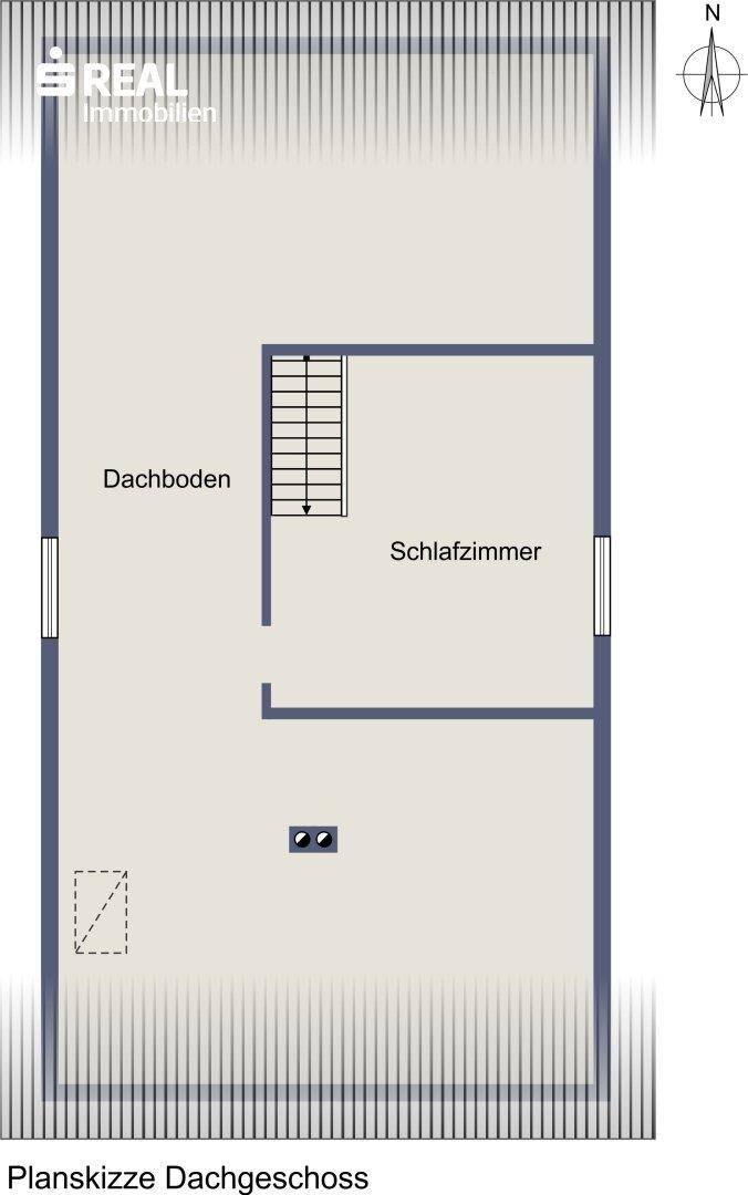Grundriss des Dachgeschosses mit Schlafzimmer und Dachbodenbereich.