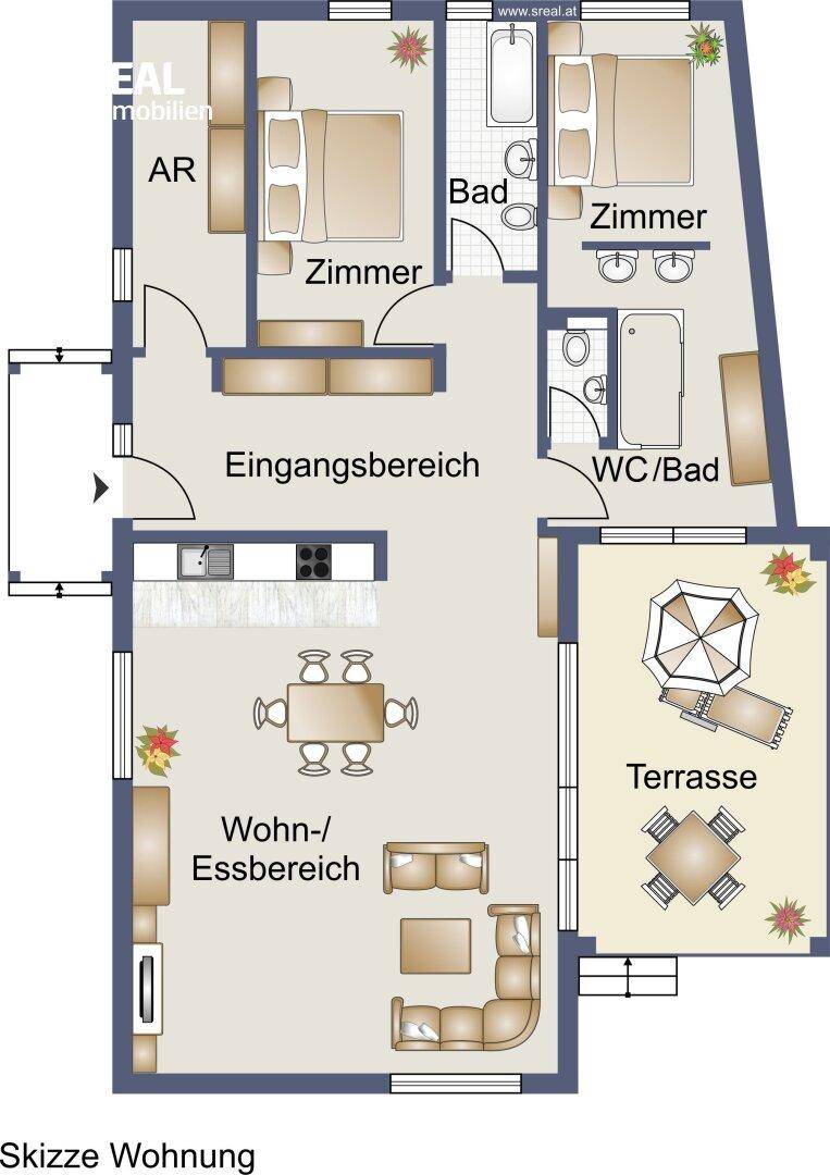 Detaillierter Grundriss einer Wohnung mit Wohn-/Essbereich, zwei Schlafzimmern und Terrasse.