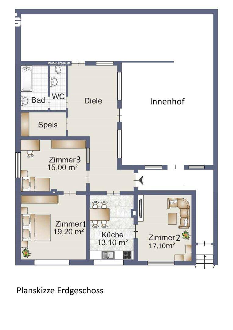 Grundriss des Erdgeschosses mit Zimmern, Küche, Bad und Innenhof.