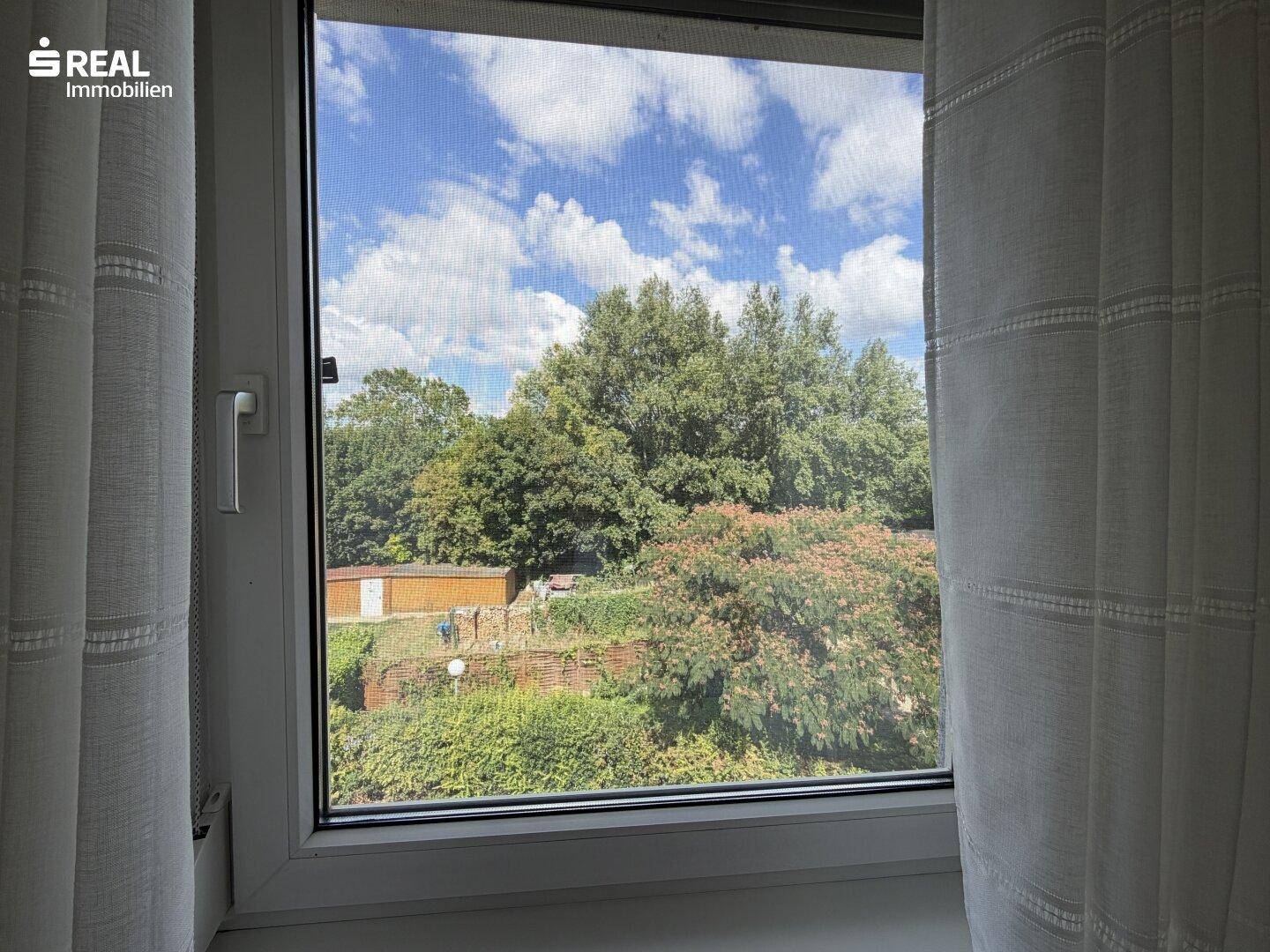 Fensterblick ins Grüne mit Bäumen und einem Gartenhaus im Hintergrund.