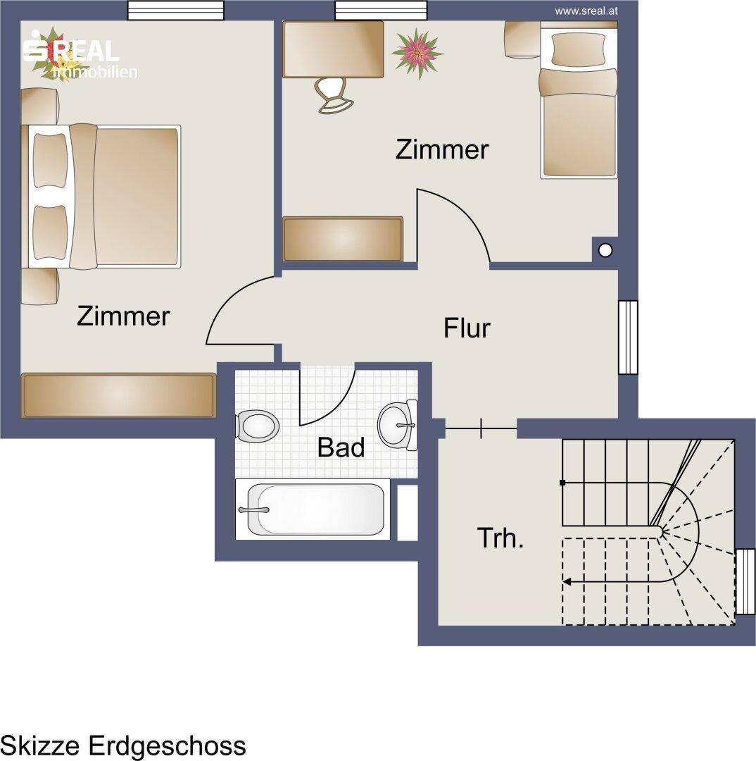 Grundriss Erdgeschoss mit zwei Zimmern, Bad und Treppenhaus.