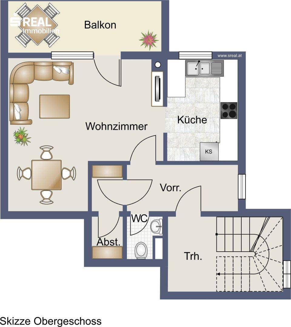 Grundriss Obergeschoss mit Wohnzimmer, Küche, Balkon und WC.