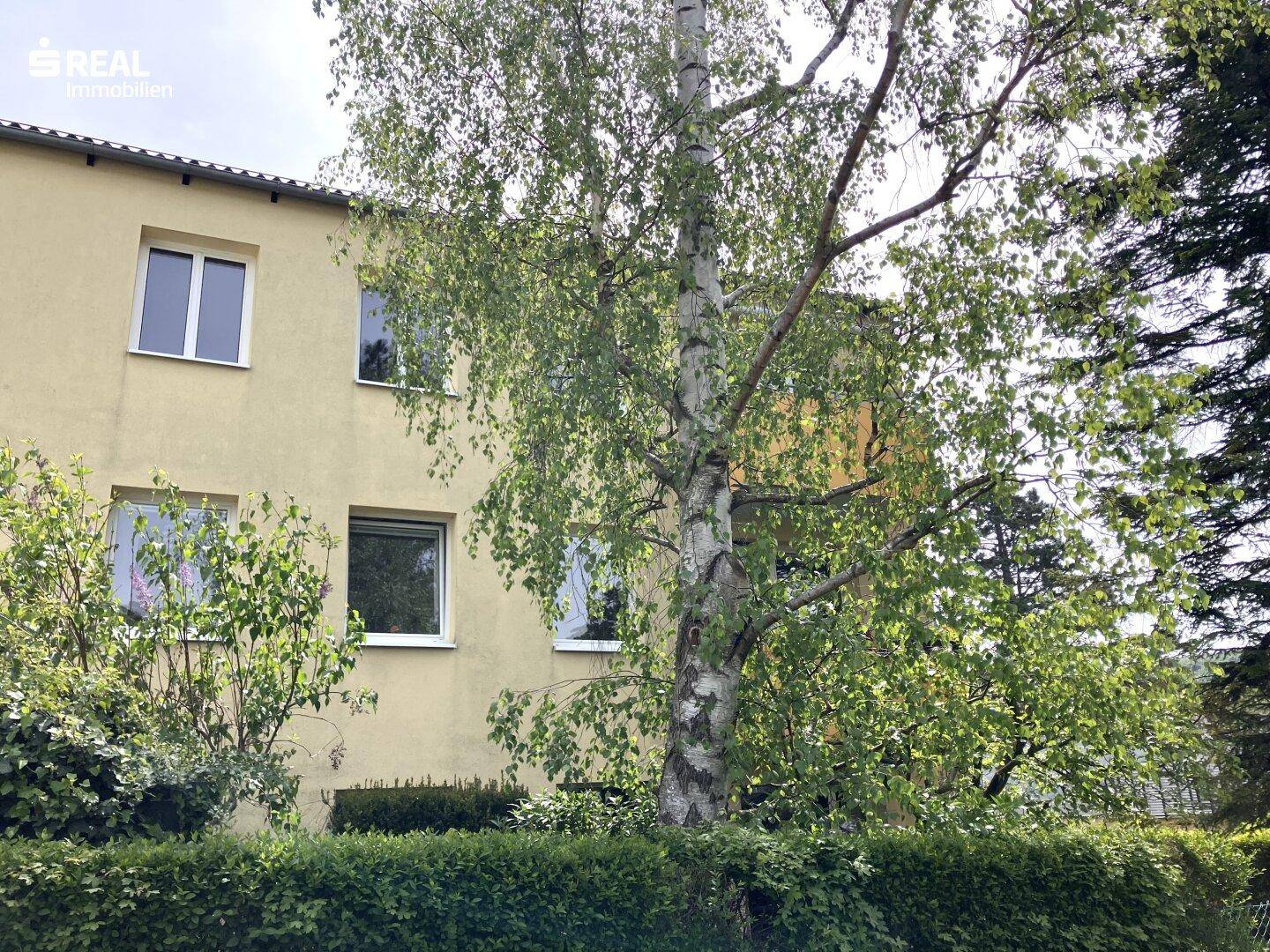 Seitenansicht des Gebäudes mit gelber Fassade, umgeben von Bäumen und Hecken.