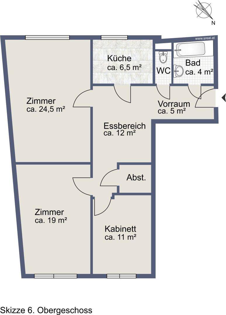 Grundriss des Obergeschosses mit separater Küche, Essbereich, zwei Zimmern, Bad und separatem WC.