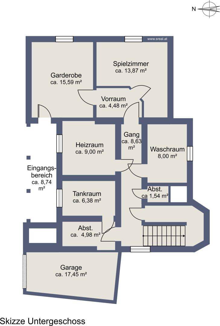 Grundriss des Untergeschosses mit Garage, Heizraum, Waschraum und Abstellräumen.