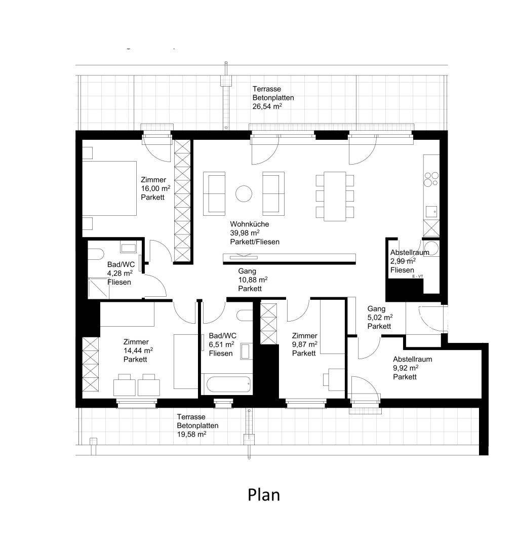 Detaillierter Grundriss der Wohnung mit Wohnküche, mehreren Zimmern und zwei Terrassen.