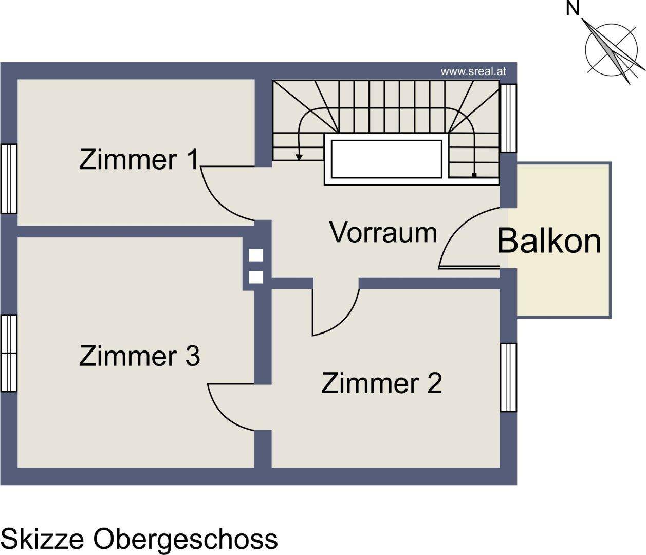 Grundriss des Obergeschosses mit drei Zimmern und Balkon.
