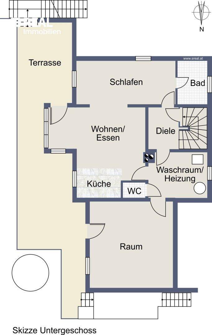 Grundriss des Untergeschosses mit Schlafzimmer, Wohn-Essbereich, Küche, Bad und Terrasse.