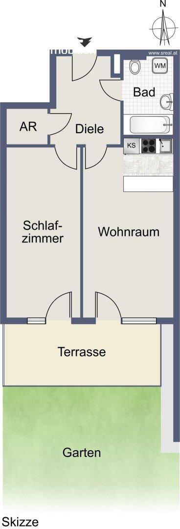 Grundriss der Wohnung mit Schlafzimmer, offenem Wohnbereich, Terrasse und Garten.