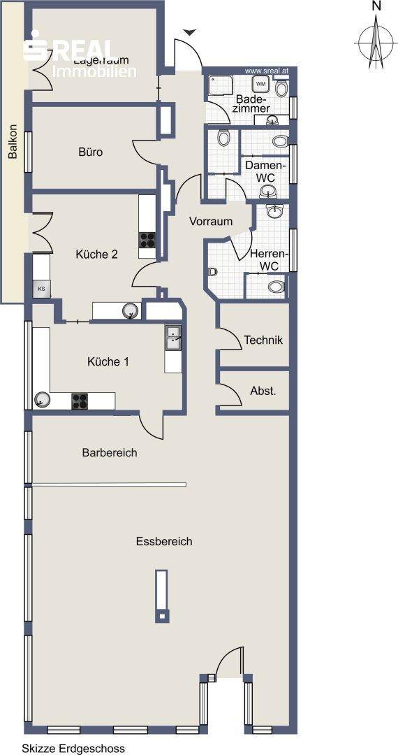 Grundriss des Erdgeschosses mit Bar-, Essbereich, zwei Küchen, Büro und separaten Toiletten.