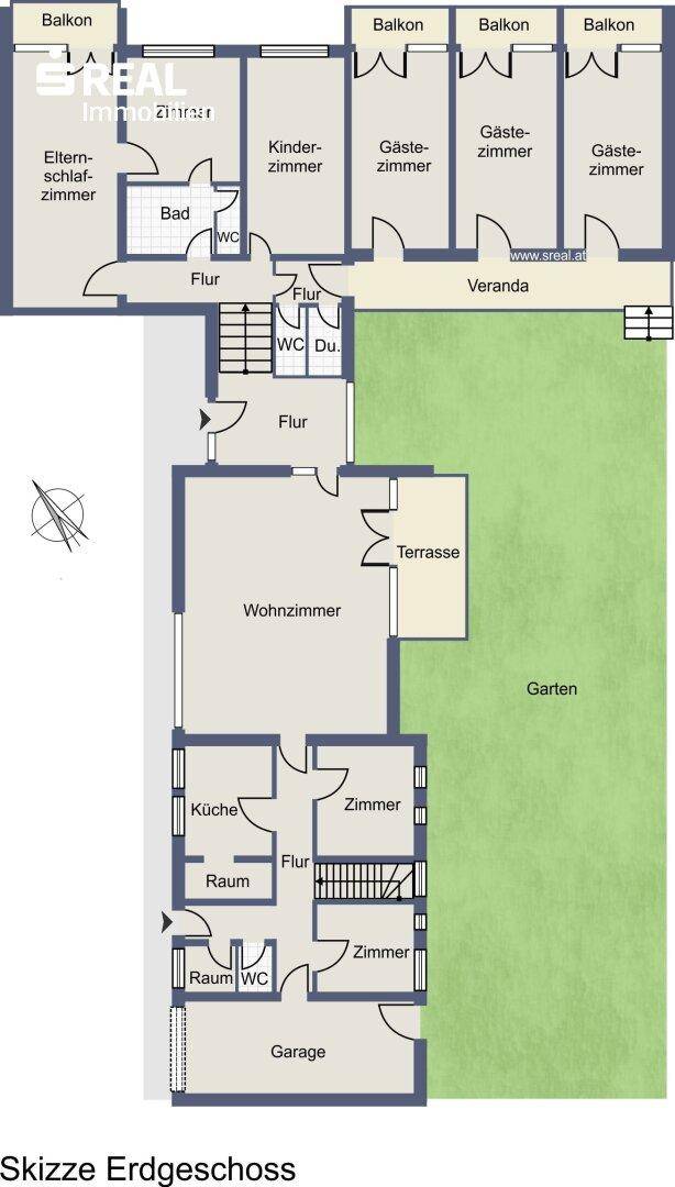 Grundriss des Erdgeschosses mit Wohnzimmer, Küche, Terrasse und Garten.