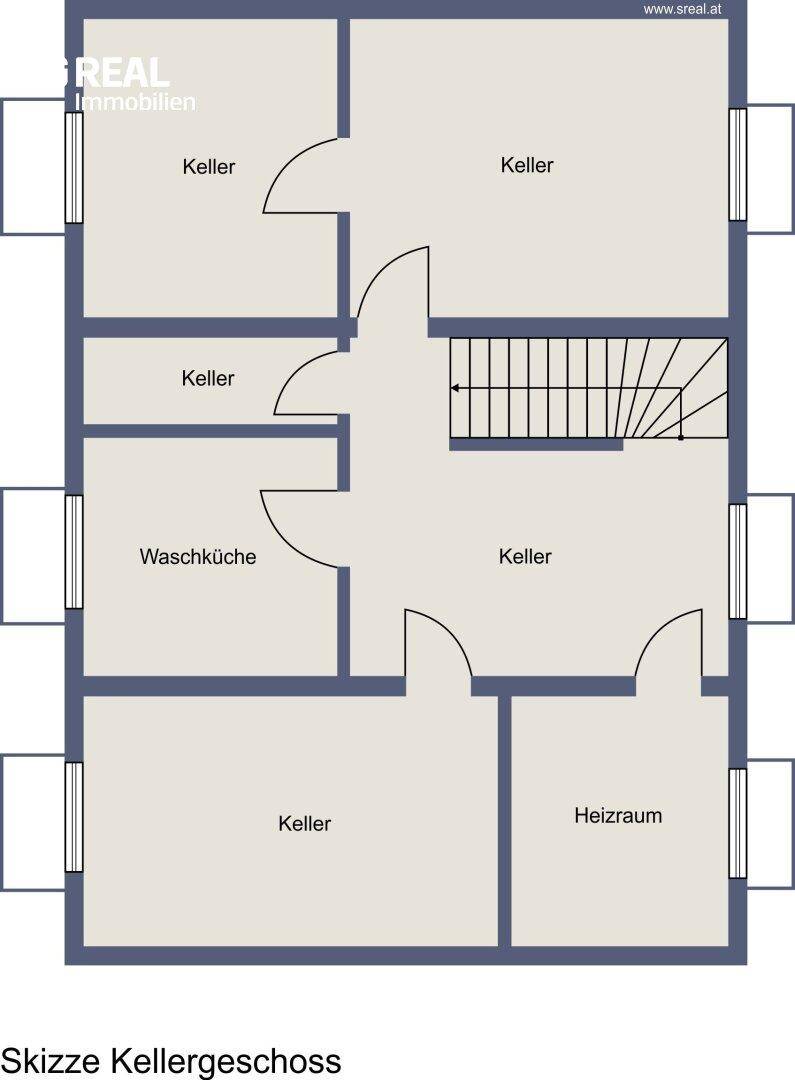 Grundriss des Kellergeschosses mit mehreren Kellerräumen, Waschküche und Heizraum.