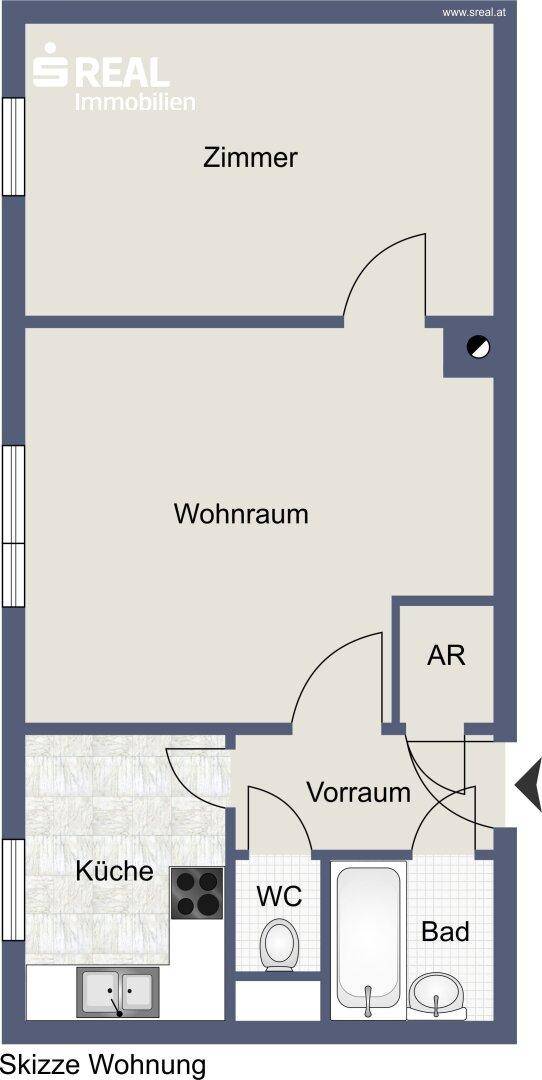 Grundriss einer Wohnung mit separater Küche, Bad, WC und einem geräumigen Wohnbereich.