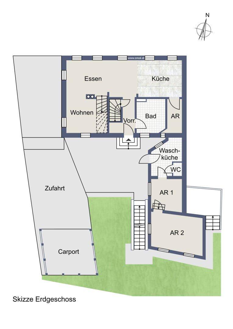 Grundriss-Skizze des Erdgeschosses mit Wohn-, Ess- und Küchenbereich sowie Carport.
