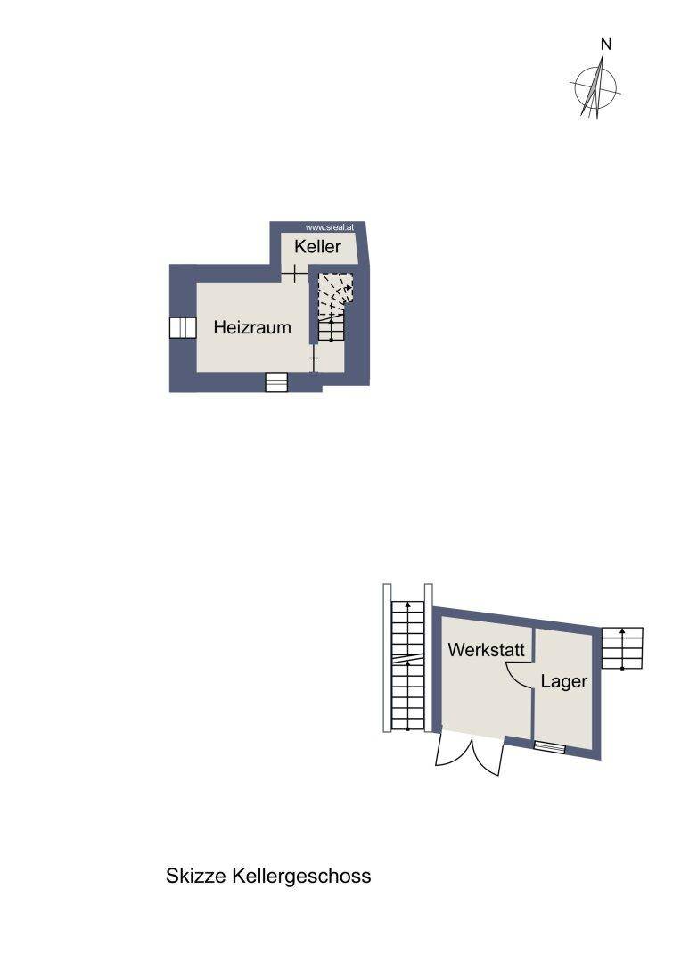 Grundriss-Skizze des Kellergeschosses mit Heizraum, Werkstatt und Lagerbereichen.