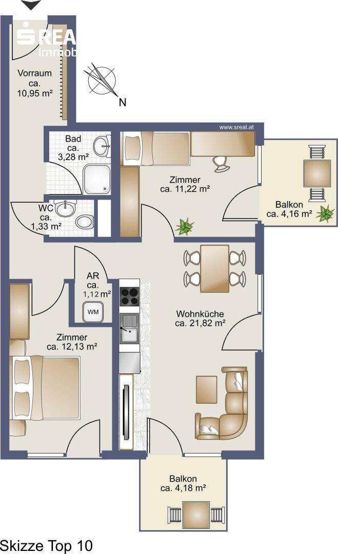 Grundriss einer Wohnung mit offener Wohnküche, zwei Zimmern, Bad, separatem WC und zwei Balkonen.