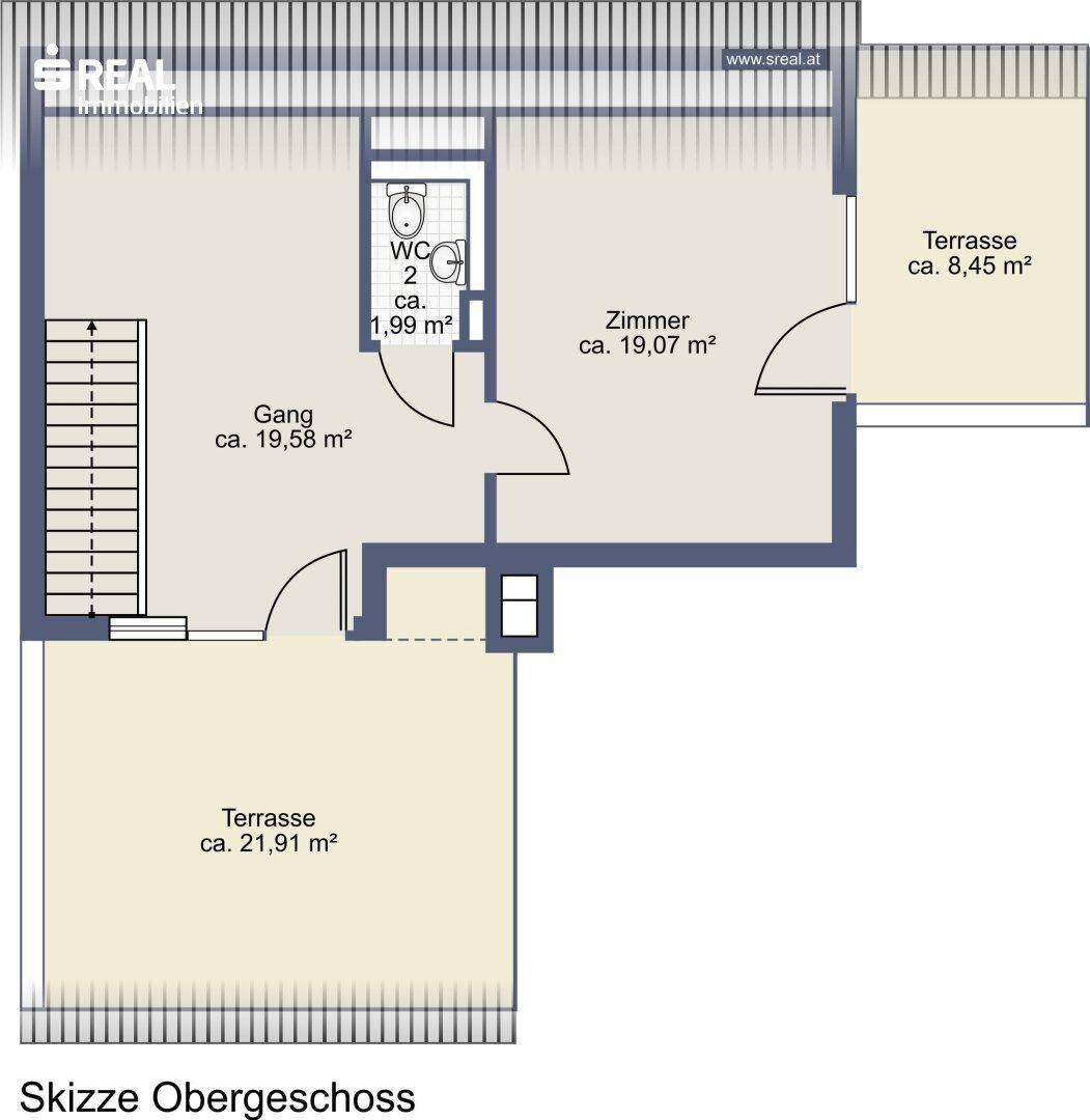 Grundriss-Skizze des Obergeschosses mit einem Zimmer, einem WC, einem Flur und zwei Terrassen.