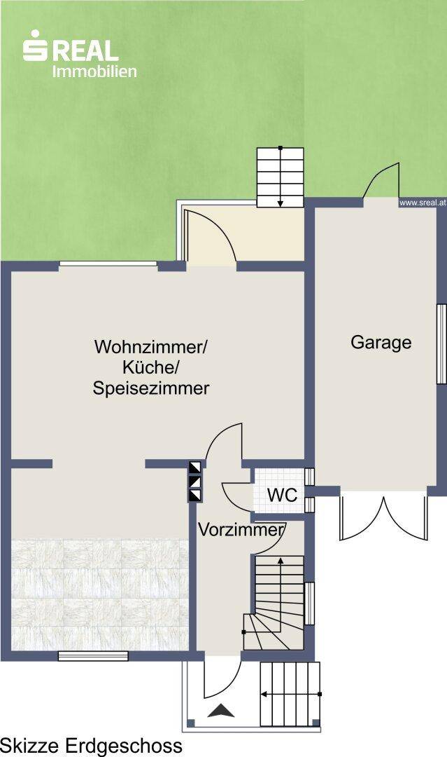 Grundriss des Erdgeschosses mit offenem Wohn-, Küchen- und Essbereich sowie Garage.