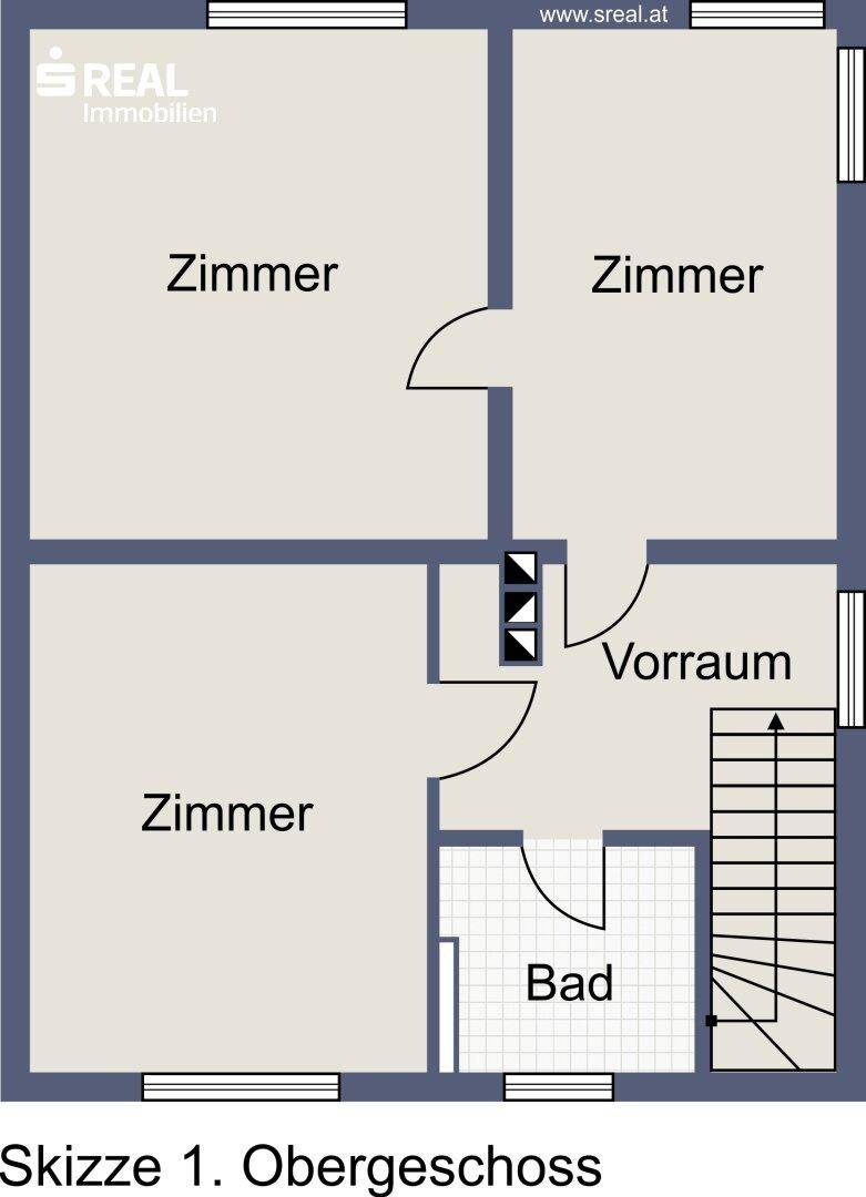 Grundriss des ersten Obergeschosses mit drei Zimmern und einem Badezimmer.