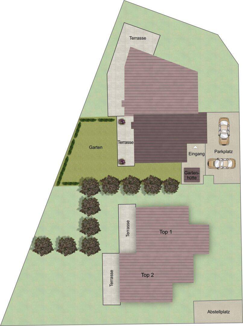 Übersichtsplan des Grundstücks mit zwei Gebäuden, Terrassen, Garten und Parkplätzen.