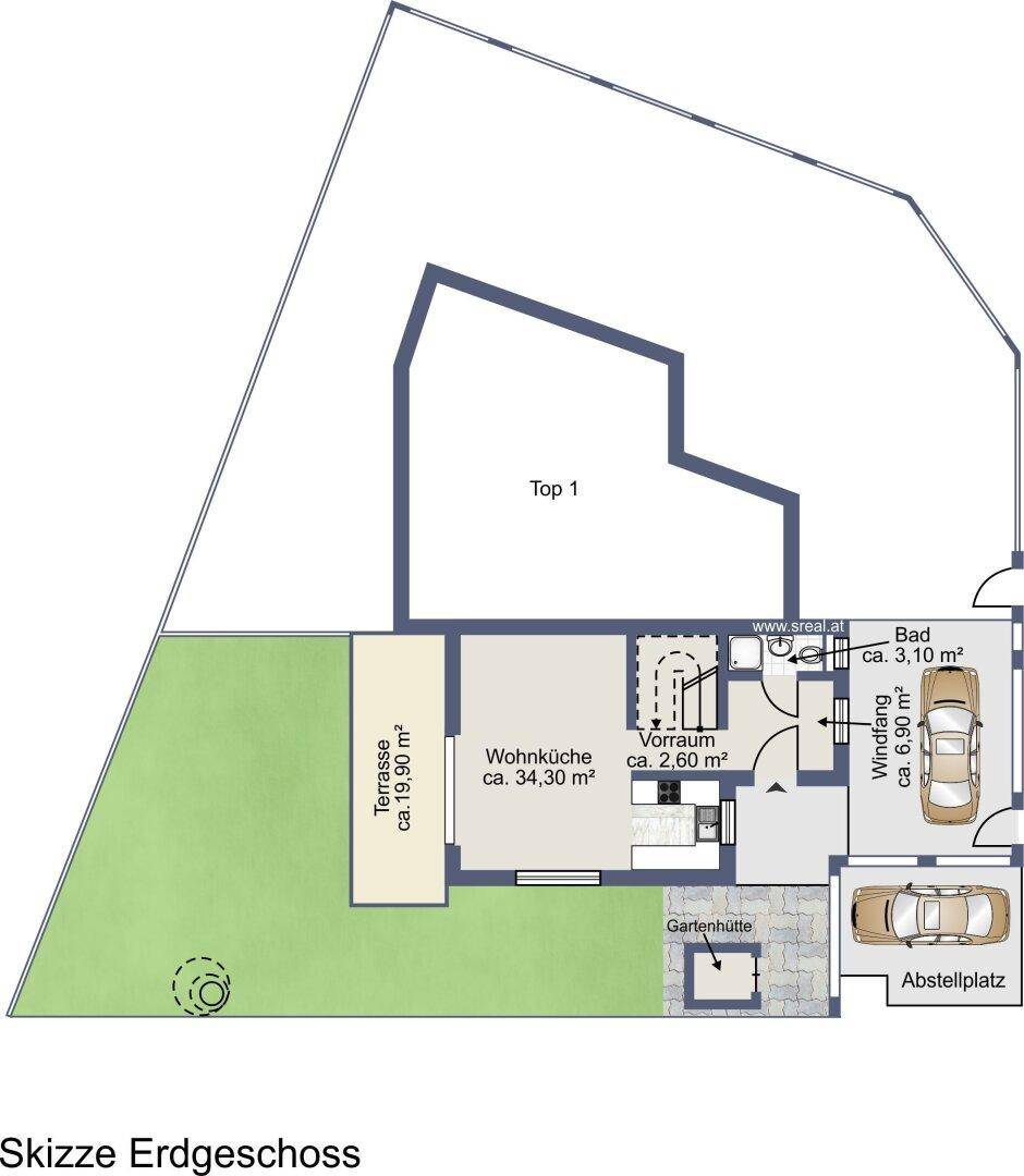 Grundriss des Erdgeschosses von Top 1 mit Wohnküche, Bad, Vorraum und großer Terrasse.