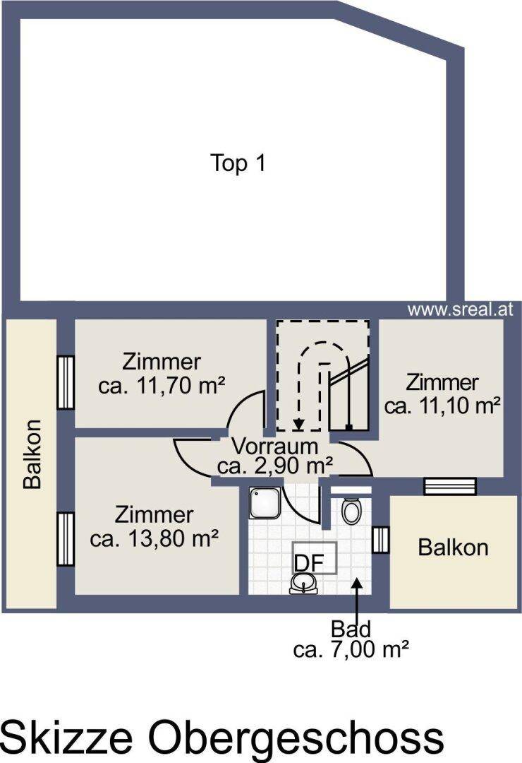 Grundriss des Obergeschosses von Top 1 mit mehreren Zimmern, Bad und zwei Balkonen.