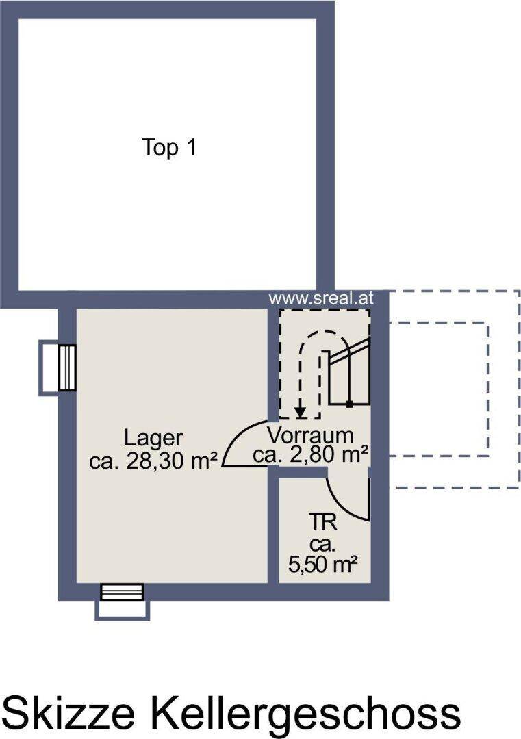 Grundriss des Kellergeschosses von Top 1 mit Lagerraum und Technikraum.