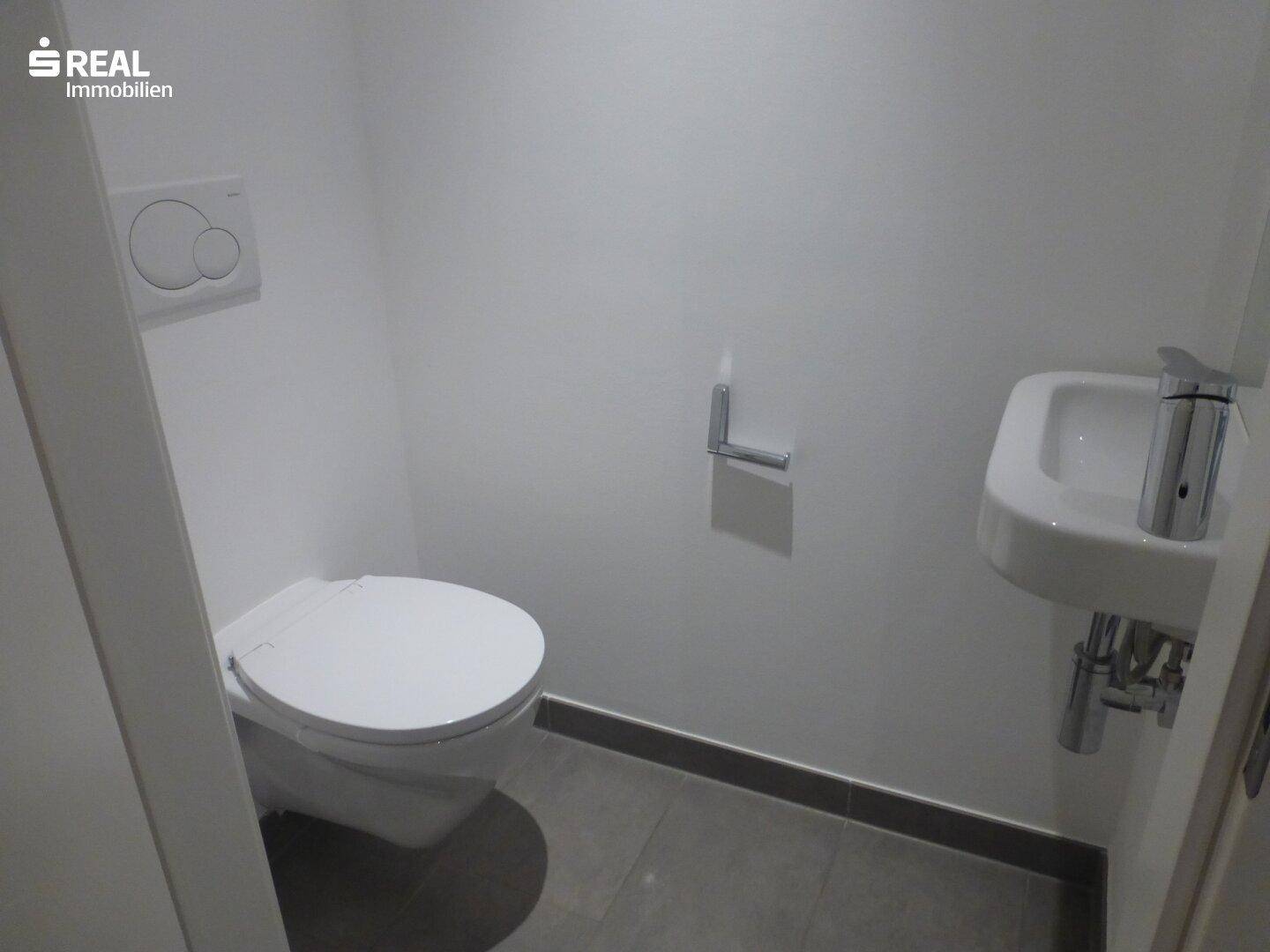 Separates Gäste-WC mit wandhängender Toilette und kleinem Eckwaschbecken.