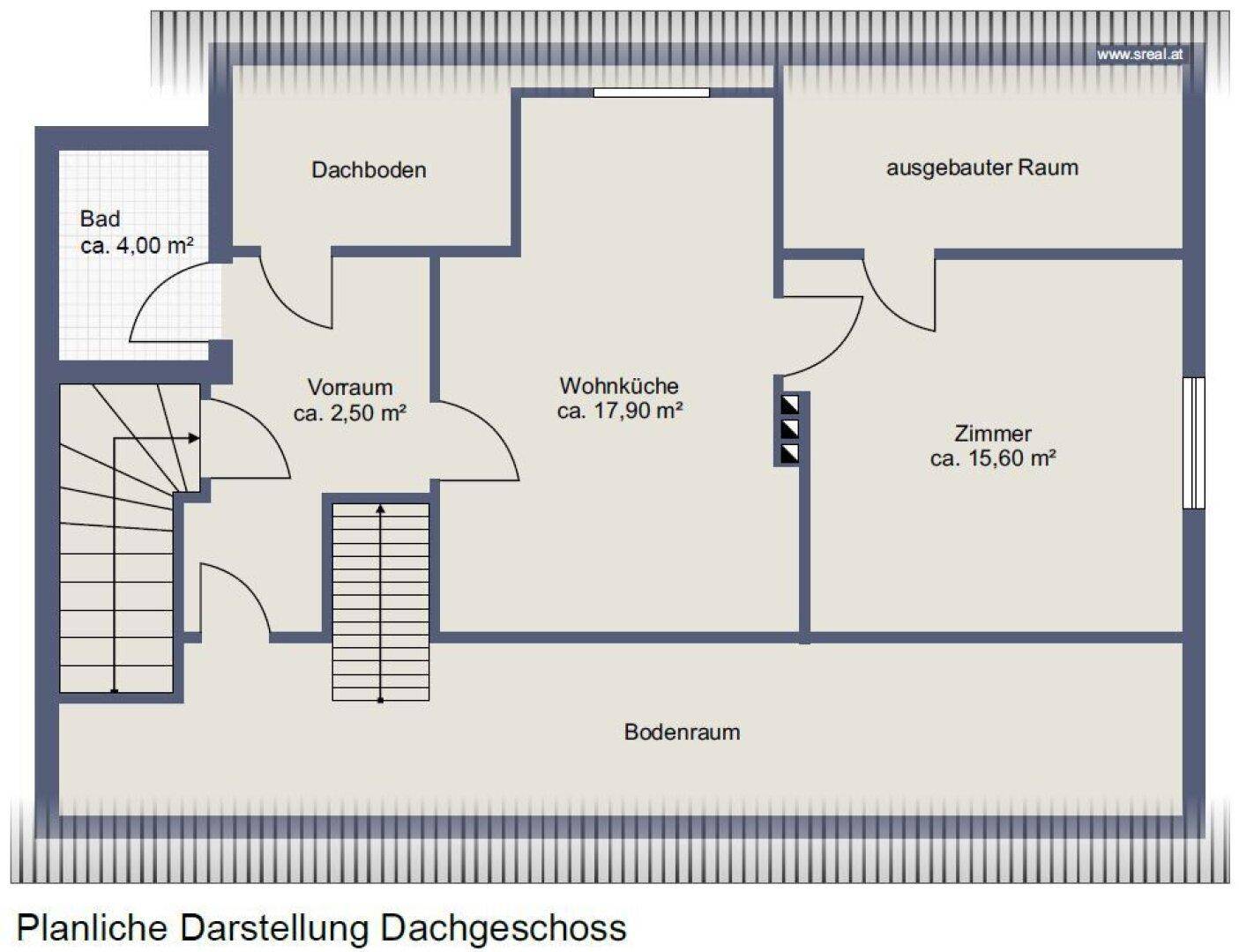 Grundriss des Dachgeschosses mit Wohnküche, Bad und ausgebautem Raum unter dem Dach.