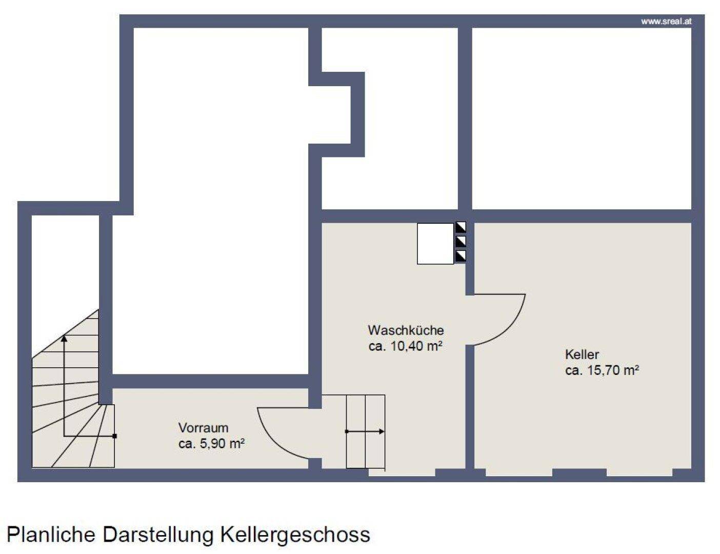 Grundriss des Kellergeschosses mit Waschküche und Abstellraum, der zusätzliche Nutzflächen bietet.