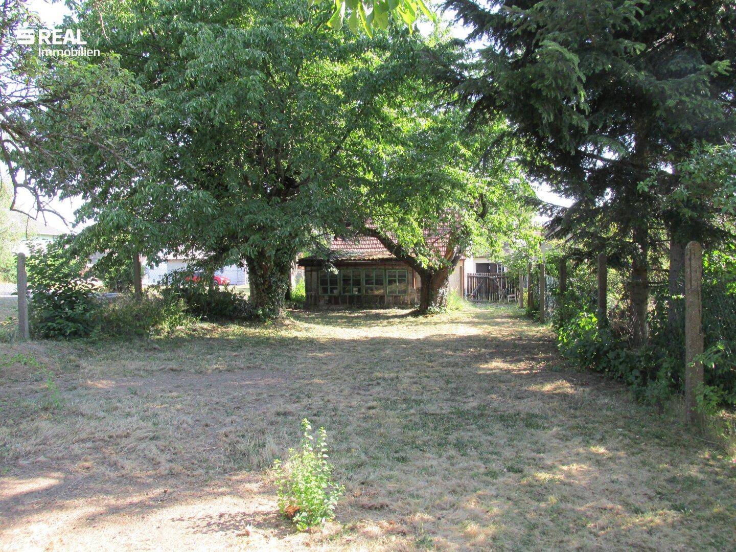 Großer Gartenbereich mit Bäumen, Rasen und einem kleinen Gebäude im Hintergrund.