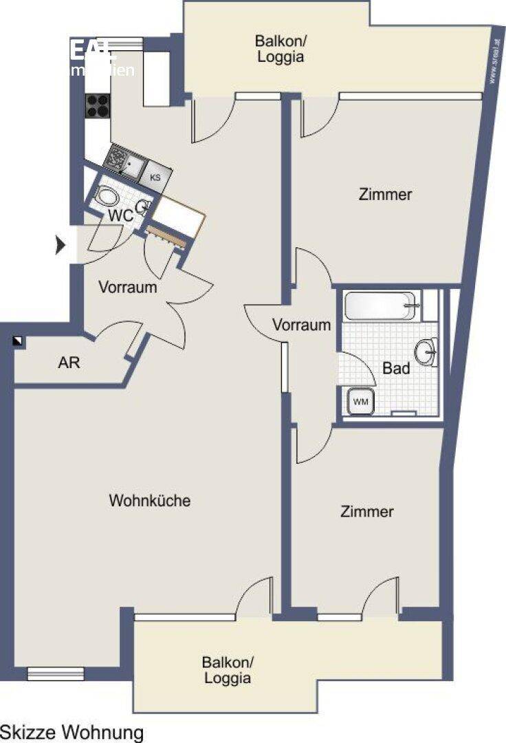 Grundriss einer Wohnung mit Wohnküche, zwei Zimmern, Bad und Balkonen/Loggien.