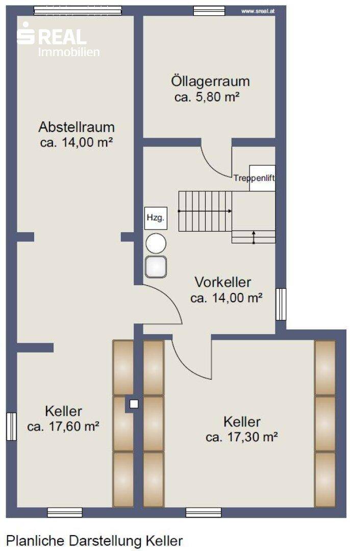 Grundriss des Kellers mit Abstellräumen, Heizungsraum und einem Treppenlift.