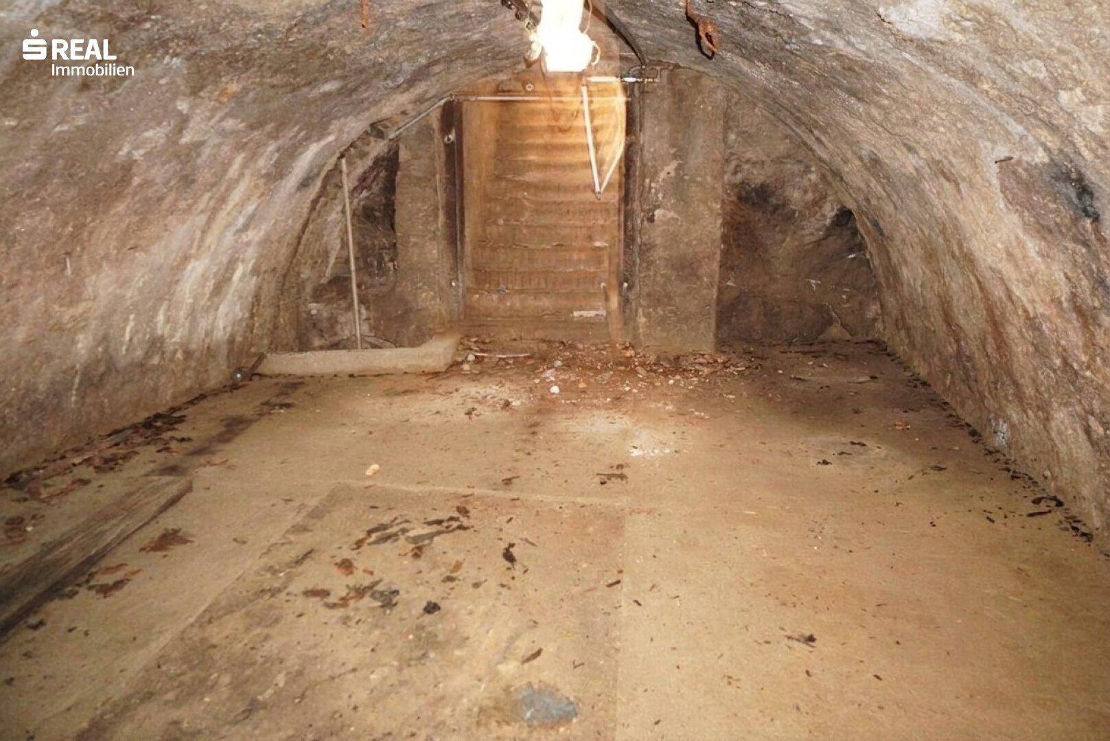 Alter, rustikaler Kellerraum mit Steingewölbe und unebenem Betonboden.