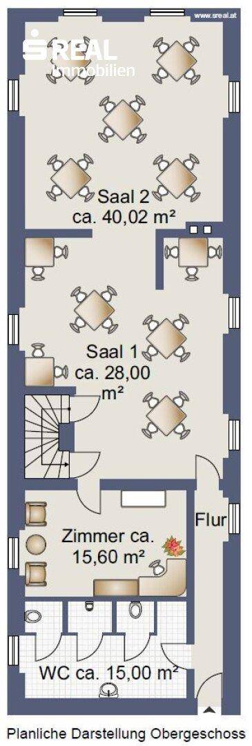 Grundriss des Obergeschosses mit zwei Sälen, Zimmer und WC-Bereich.