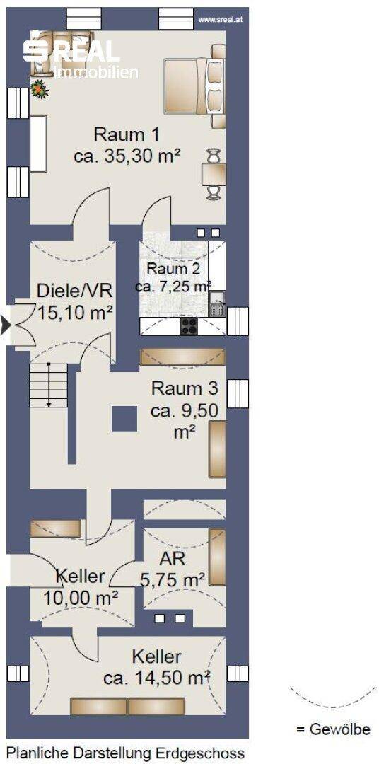 Grundriss des Erdgeschosses mit Schlafzimmer, Küche und Kellerräumen.