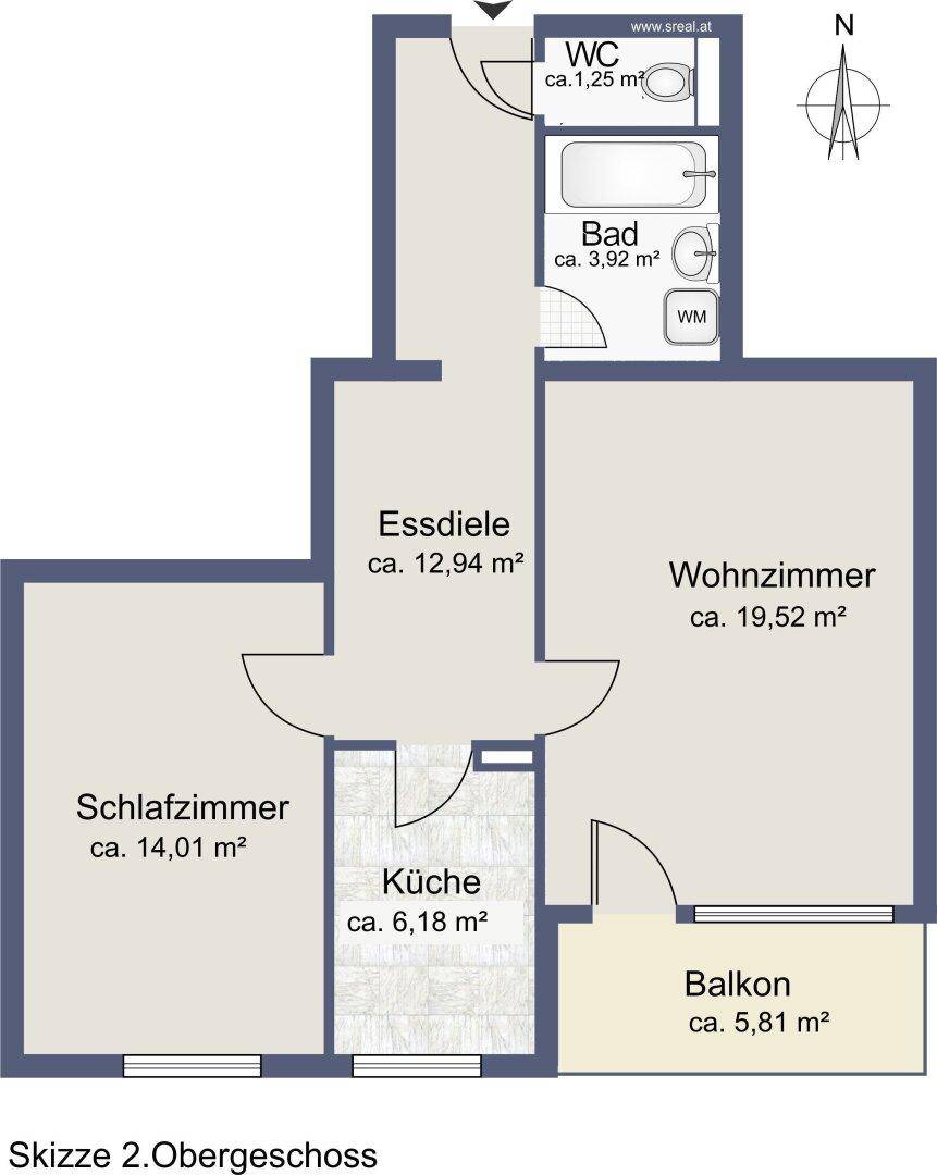 Grundriss des Obergeschosses mit Wohnzimmer, Schlafzimmer, Küche und Balkon.