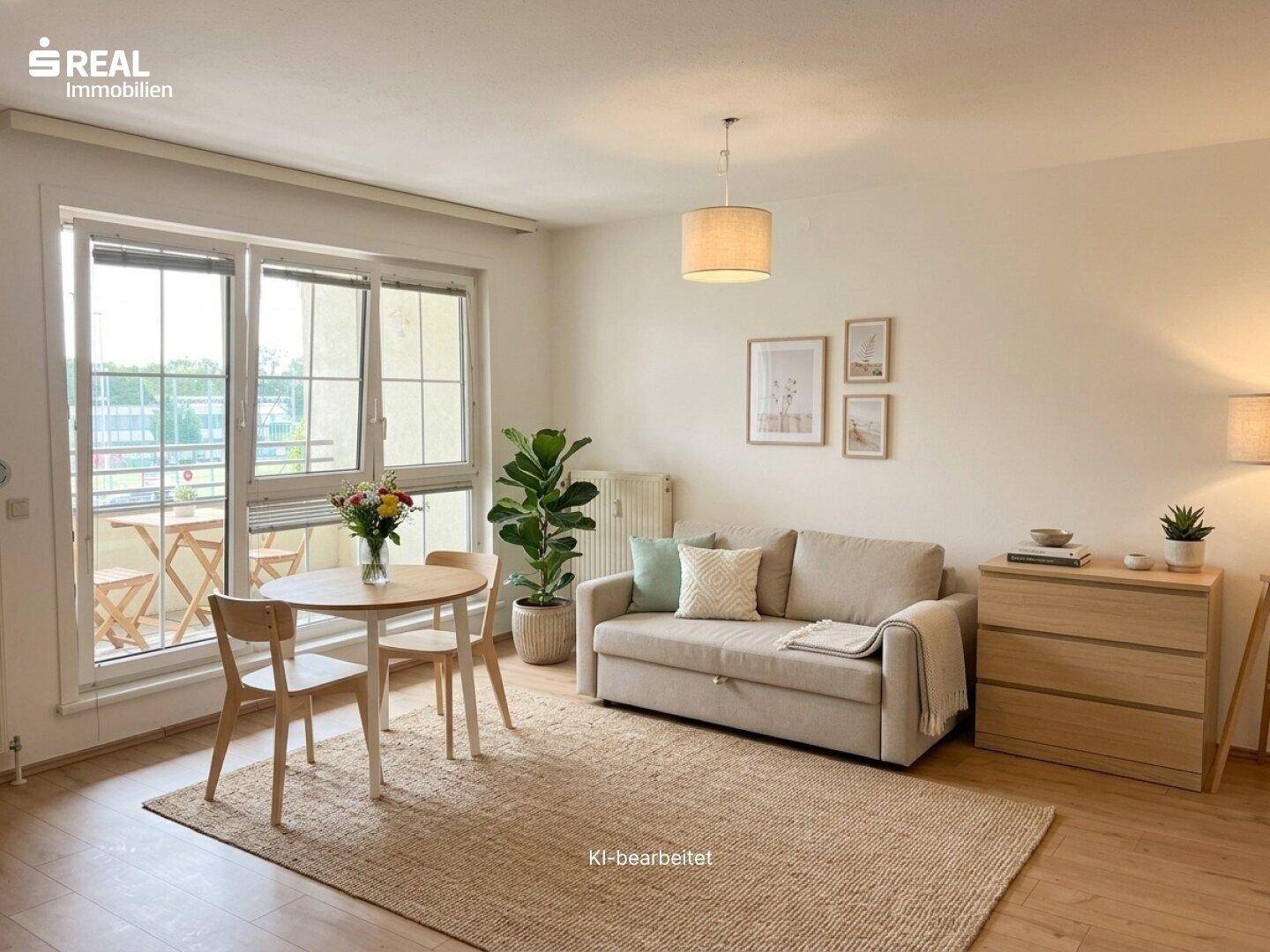 Helles Wohnzimmer mit gemütlichem Sofa, kleinem Essbereich und Zugang zu einem sonnigen Balkon.