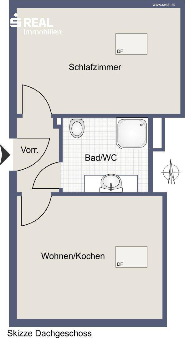 Grundriss des Dachgeschosses mit Schlafzimmer, Bad und Wohn-/Kochbereich.